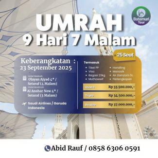 Paket  Umrah  Sakinah – Medium ,  BTT – ASA TOUR , 9 Hari / 7 Malam, Keberangkatan 23 September   2025 